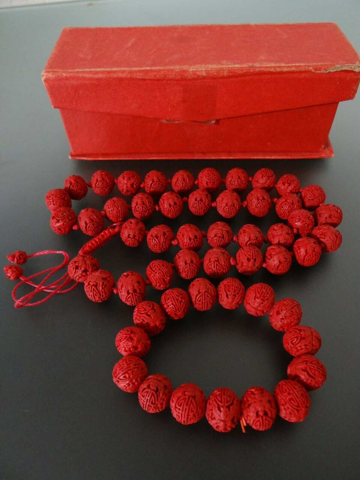 Vintage Chinese Carved Resin Cinnabar Bead 15mm Necklace 30" & Bracelet Wit Box
